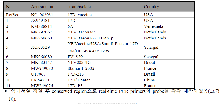 Yellow fever virus 진단용 real-time PCR primers와 probe 제작을 위한 다양한 유전자의 accession no