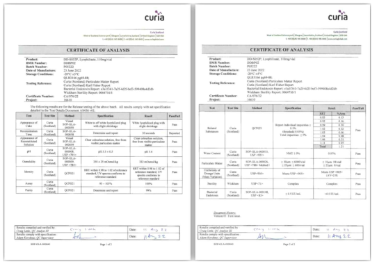 DD-S052P 임상의약품 (Batch No. P05222 / BMR No. DDBP02)의 최종 CoA (Curia, 2022)