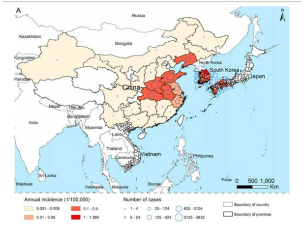 SFTS 발병 지역 [EmergMicrobes Infect. 2020 Dec;9(1):817-826]