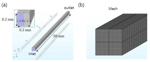 (a) 시뮬레이션에서 사용된 믹싱 채널 형상 및 크기, (b) 설정된 mesh 분포