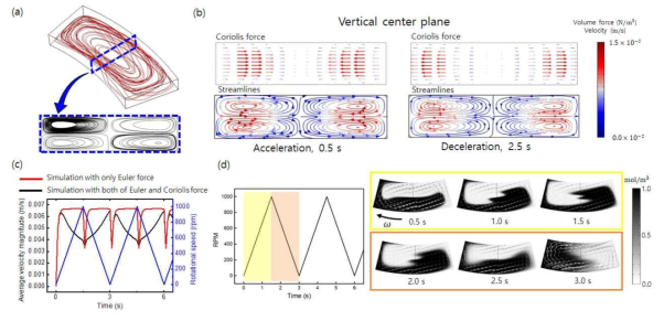 (a) 챔버 믹서의 유선 결과 (b) 수직 단면을 잘랐을 때의 코리올리 힘과 유속 결과 (c) 오일러 힘만을 고려했을 때와 오일러, 코리올리 힘을 모두 고려했을 때의 평균 유속의 크기 비교 (d) 시간에 따른 챔버 단면의 농도변화 및 유속
