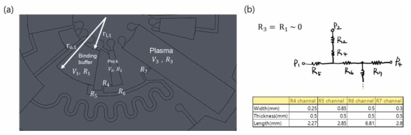 (a) 채널의 저항과 부피 정의 (b) 채널 저항의 회로화 및 채널의 최종 치수