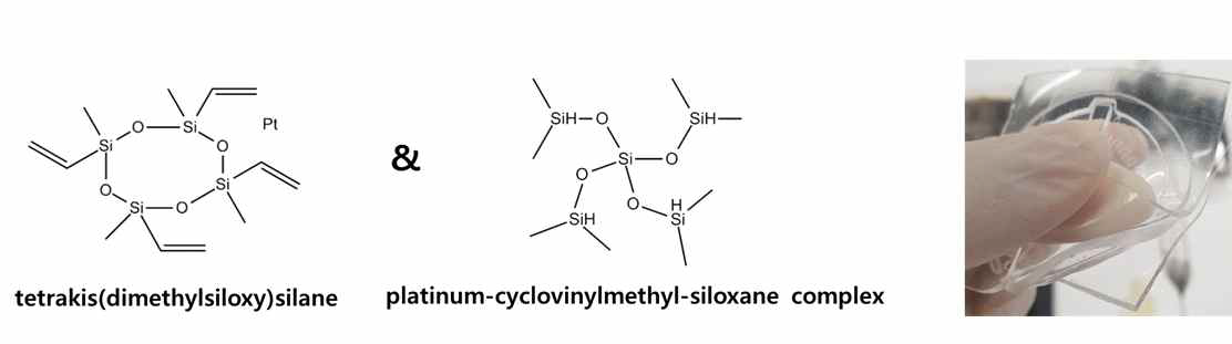 상용화된 PDMS에 tetrakis(dimethylsiloxy)silane과 platinum-cyclovinylmethyl-siloxane complex 촉매 사용에 따른 PDMS 특성 보완 (a) tetrakis(dimethylsiloxy)silane과 platinum-cyclovinylmethyl-siloxane complex를 사용한 PDMS 이미지