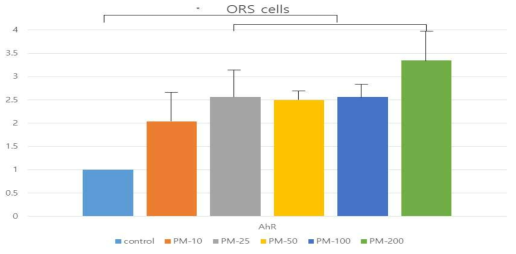 PM10의 농도에 따른 aryl hydrocarbon receptor의 ORS세포에서의 유전자 발현 정도.(*p<0.05)