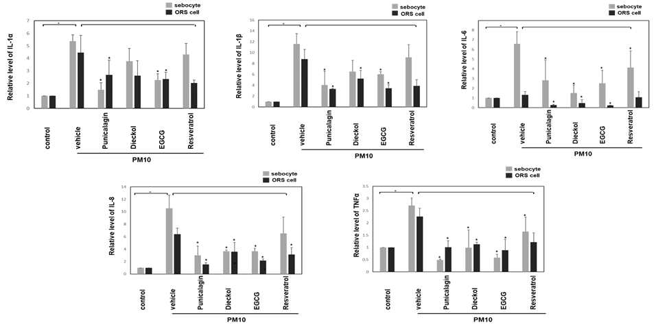 Punicalagin, dieckol, EGCG, resveratrol의 PM10에 의한 피지세포 및 ORS세포의 염증성 사이토카인(IL-1α, IL-1β, IL-6, IL-8, TNF-α)의 발현에 미치는 효과