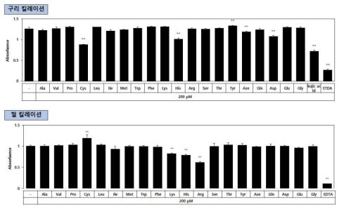 아미드화 아미노산 20종의 금속 이온 킬레이션 활성 평가