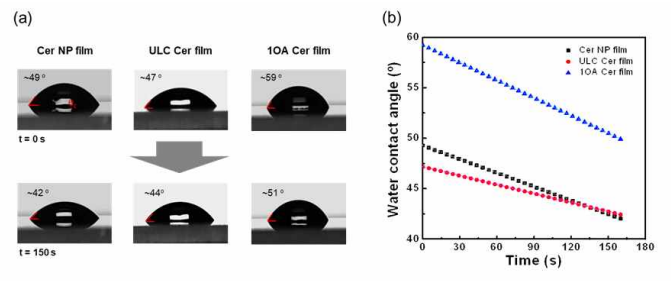 (a) 세라마이드 조성에 따른 단층 지질막 필름의 접촉각, (b) 시간에 따른 각 단층 지질막 필름의 접촉각 변화