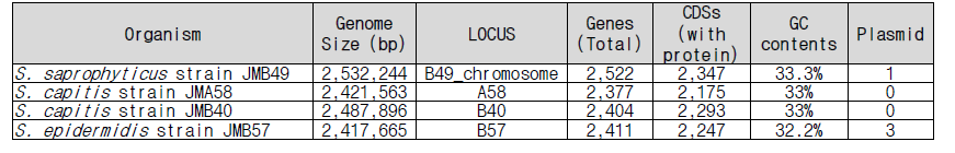 선정된 두피 유래 미생물 4종의 유전체 정보