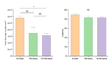 Gelatin 사용에 따른 HaCaT cell의 cell density와 viability