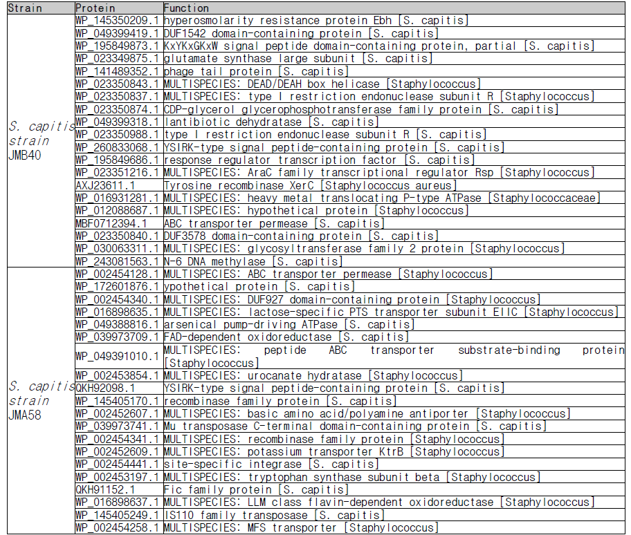 S. capitis JMB40과 S. capitis JMA58이 각각 특이적으로 갖는 후보 지표인자