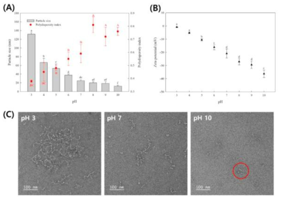 Changes in particle size, polydispersity index (A), zeta potential (B), and transmission electron micrograph (C) of starch nanoparticles depending on the pH (Individual starch nanoparticle was marked with red circle). Different capital or lowercase letters indicate significant differences in particle size, polydispersity index, and zeta potential values (p < 0.05), (Ko and Kim, 2021)