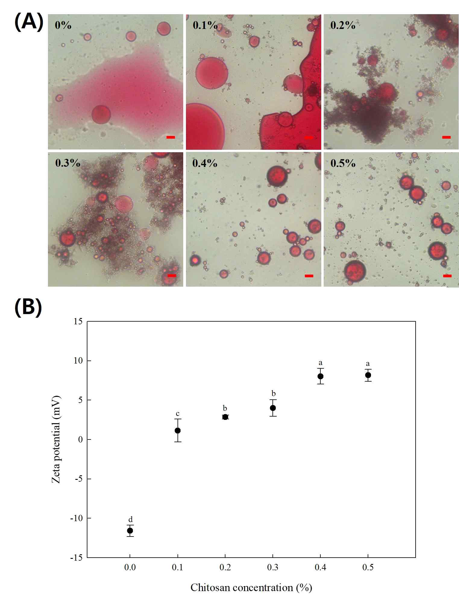 키토산 첨가량에 따른 유화액 현미경관찰 사진(A)과 ζ-potential(B): 유화액 pH 7, 키토산 0.1–0.5% 첨가 에멀션 제조 후 7 일 보관