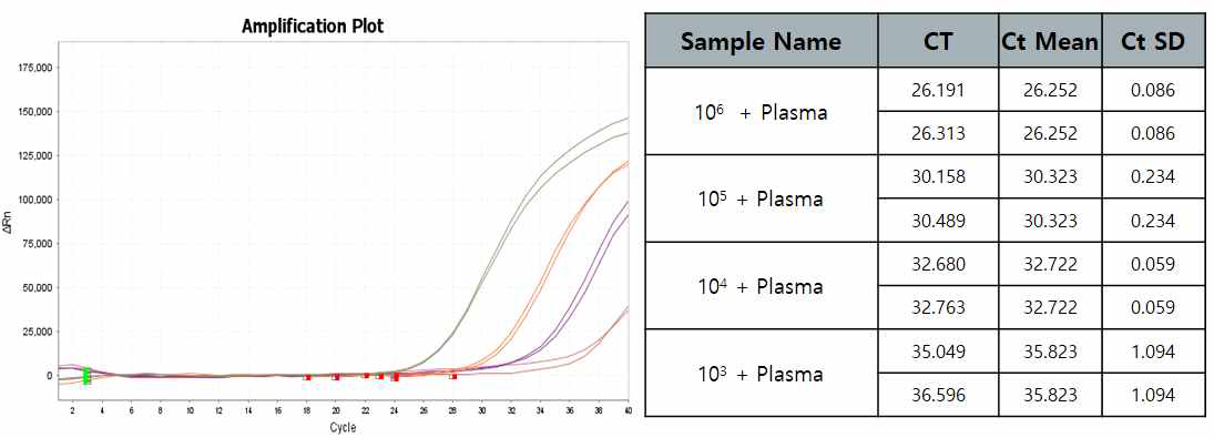 진균 A. fumigatus 대상으로 혈장에 스파이킹 후 핵산 추출 후 qPCR 실험 결과