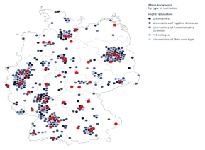 독일 300개 대학 분포와 세계 랭킹 1000위 안에 드는 50개 대학 분포