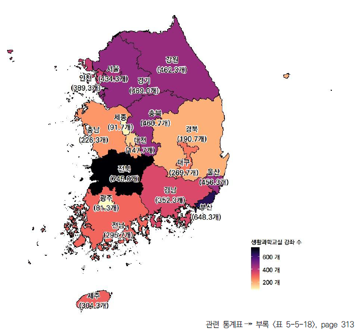 17개 시도의 생활과학교실 강좌 수(2022년)