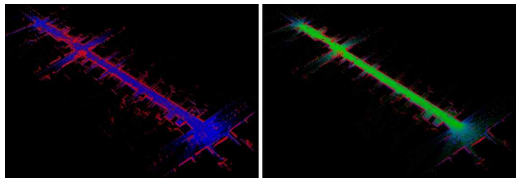 센서 데이터(좌)을 이용하여 점유맵(우)을 생성하는 “점유맵 업데이트” 응용분야 예시