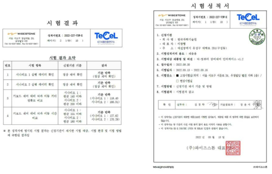 2차원 제어 시험 결과 (좌) 시험성적서 (우)