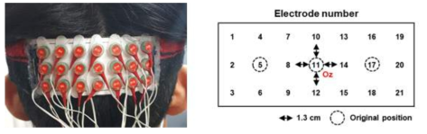 (좌) 제작한 전극 패드 (우) 전극 번호와 전극 간 간격