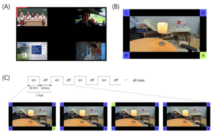 (A) TV 제어를 위한 시각 자극, (B) TV 외의 실생활 기기 제어를 위한 시각 자극, (C) 시각 자극 제시 패러다임