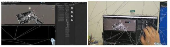 Unity 3D (좌) 환경과 홀로렌즈 (우) 환경에서의 공간매핑 실행 화면