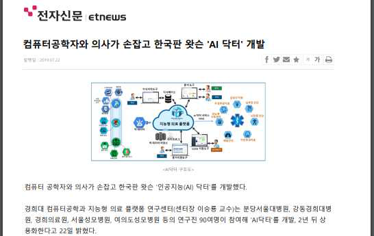 전자신문 ΄AI 닥터΄ 개발 기사(http://www.etnews.com/20190722000222 https://news.naver.com/main/read.nhnmode=LSD&mid=sec&sid1=101&oid=030&aid=0002830744)