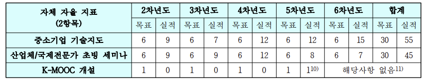 자율 자체 지표 선정 항목별 목표 및 실적