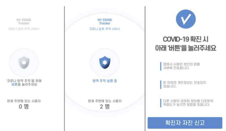 COVID-19 추적 어플리케이션 화면. 주변 사용자 탐지와 확진자 자진신고 가능