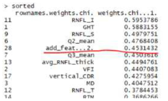 chi-squared 특징 중요도 정렬 결과 및 가중치