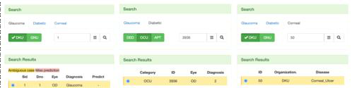 증상별 검색 및 검색 결과 목록 UI, 왼쪽에서부터 녹내장, 당뇨망막병증, 각막궤양 순