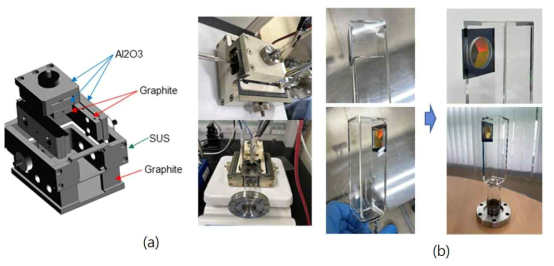 (a) 진공조와 Si grating chip 접합을 위한 graphite 치구 및 (b) 진공조에 접합된 Si grating