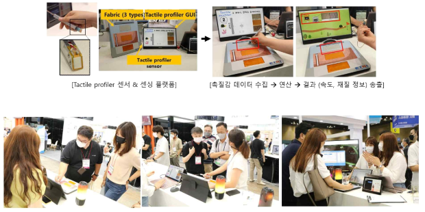 촉질감 분류 알고리즘을 통한 센싱 플랫폼(상), 나노코리아 2022 전시 부스에서 참관객들에게 시연하는 모습(하)