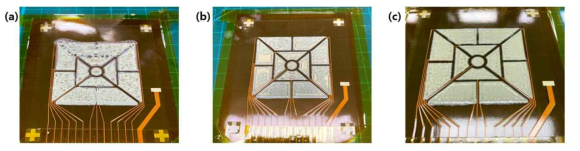 Squeegee 속도와 횟수에 따른 패턴 형상 (a)느림, 1회 (b)빠름, 1회 (c)빠름, 3회