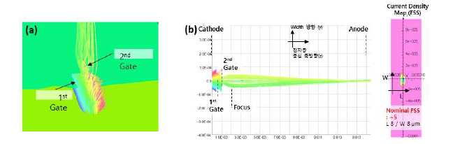 VC3 모델 기반 이중게이트 전자총의 전자빔 시뮬레이션. (a) 전자빔 제한 모사와 (b) 폭방향(W) 전자빔 궤적 및 크기 특성