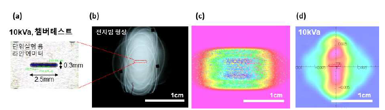 (a) 챔버 테스트에 사용한 라인 형태의 나노전자원, (b) 도달한 전자빔에 의한 형광막 광학 이미지, (c) 기존 미세구조형 에미터 모델 및 (d) 개발된 VC3 에미터 모델을 적용한 시뮬레이션으로 예측한 전자빔 형상 비교