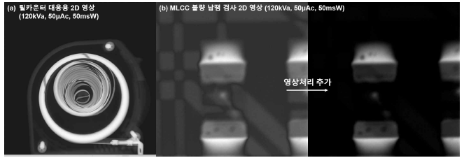 디지털 마이크로포커스 엑스선 튜브를 이용한 (a) 릴카운터 대응용 엑스선 검사, (b) PCB 기판 위 MLCC 불량 납땜 검사