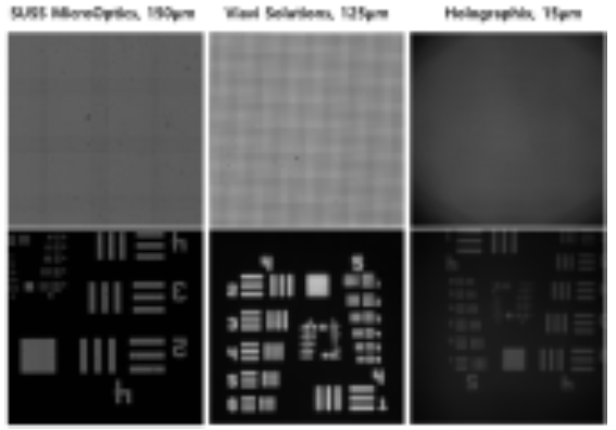 Holographix, RPC Photonics, SUSS MicroOptics MLA를 이용한 Raw 이미지와 Resolution target 이미지