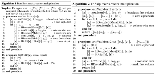동형 서포트 벡터 머신(support vector machine, SVM) 워크로드를 위한 기존 알고리즘(Algorithm 1)과 새롭게 제시한 Tr-Skip 알고리즘(Algorithm 2)