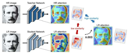저해상도 얼굴 인식 성능 향상을 위한 어텐션 맵 전이 기법 개요. 저해상도 네트워크에서 추출된 어텐션 맵이 고해상도 네트워크에서 추출된 어텐션 맵과 유사 해지도록 학습하는 손실 함수 제안