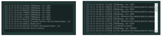패킷 누락 시 비-이중 전송(왼쪽)과 이중 전송(오른쪽)의 로그 비교
