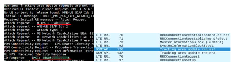 GUTI 및 IMSI 추출(좌) / Blind DoS Attack 으로 인한 DoS 발생 (우)