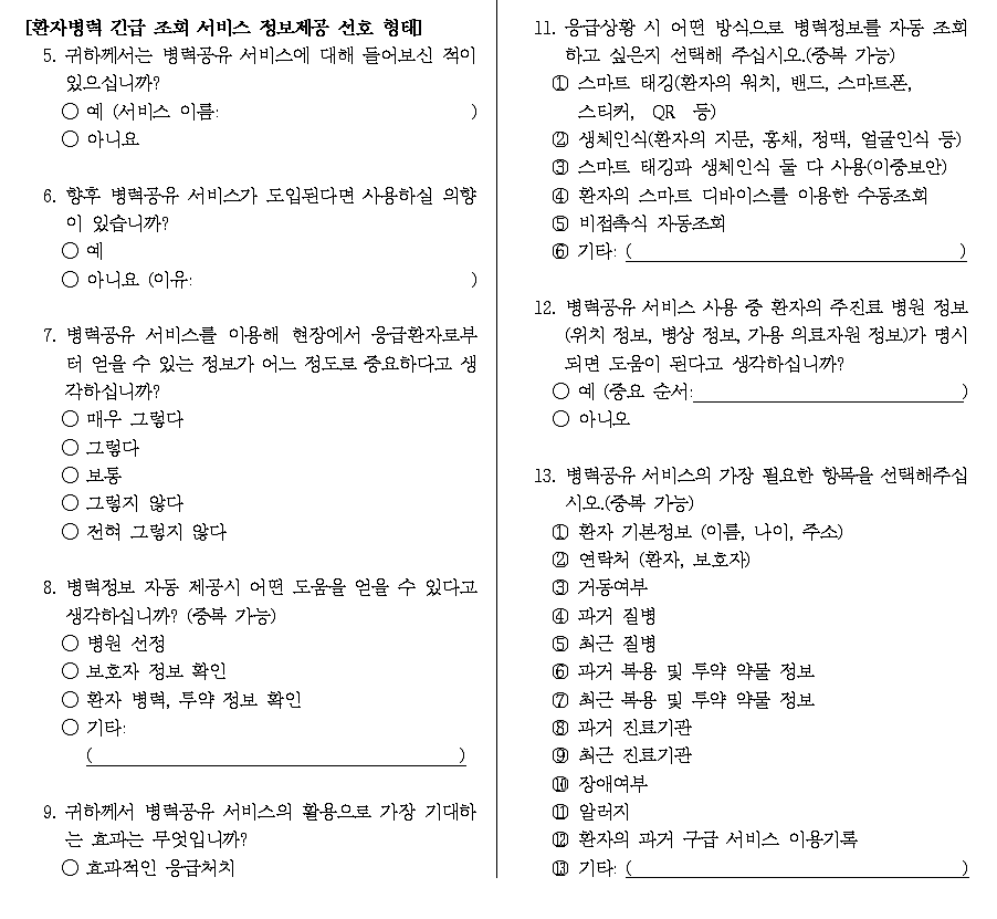 구급대원 사용성 조사 설문지 ※ 별첨 9. 구급대원 대상 서비스 실증 및 평가 참고