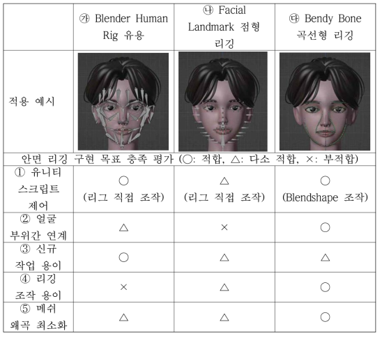 안면 리깅 방안 3개의 적용 예시 및 목표 충족 여부 평가표