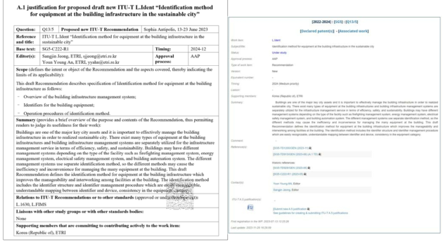 건물 인프라 설비 식별 방법 표준 (ITU-T L.Ident) 개발 제안 기고서 및 NWI 승인 (ITU-T SG5)