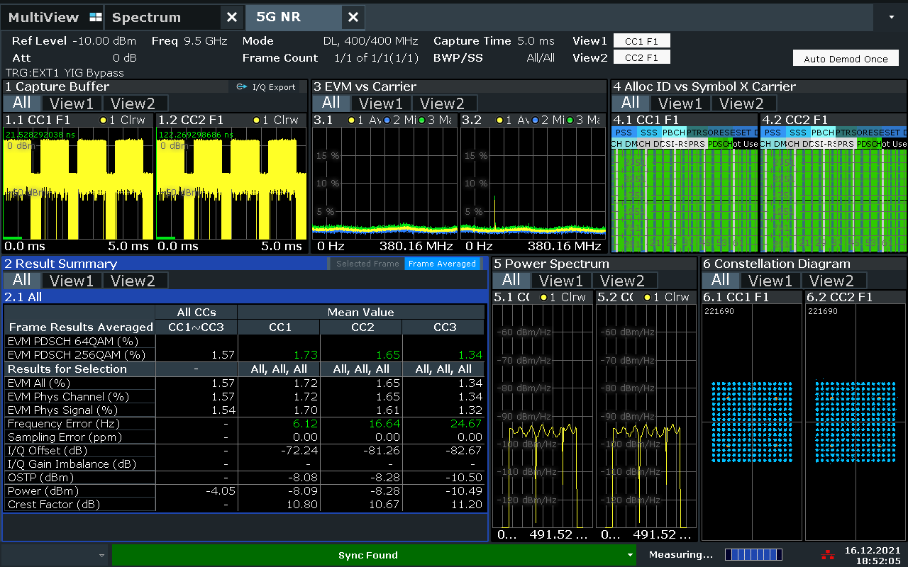 주파수 상향 및 하향 변환 모듈 EVM 시험 결과 (RF 76GHz, IF 9.5GHz, 1GHz_BW, 256QAM, EVM 1.57)