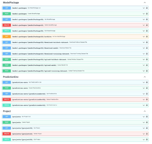 API 정의서 (Swagger) - ModelPackage, PredictionEnv, Project