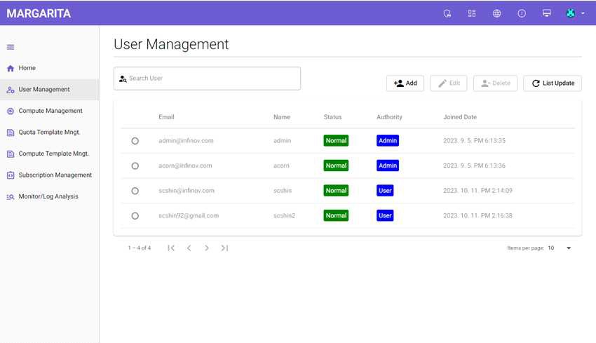 인터페이스 개발 기능화면(user_manage)