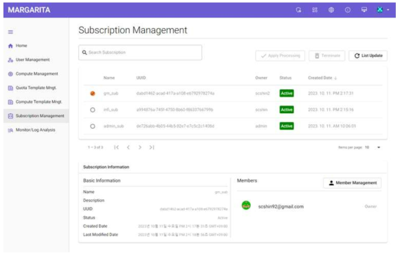 인증/인가 서비스 개발 기능화면(subscription_manage)