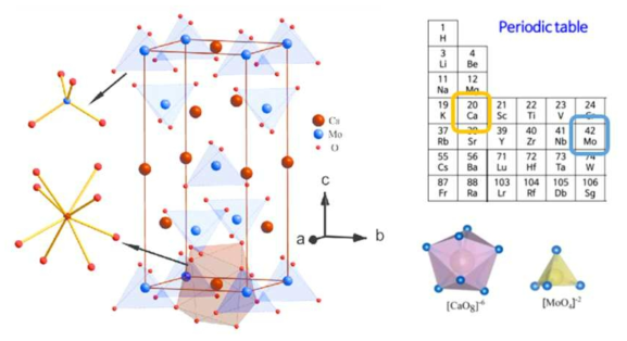 CaMoO4의 결정구조와 산소 결합 cluster 모형