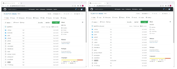 (좌) ‘test(2)’ 파일을 추가하기 전 깃허브 저장소 화면, (우) 로컬저장소에서 깃허브 저장소로 ‘test(2)’를 추가한 수정 사항이 반영된 화면