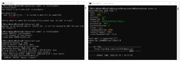 (좌) ‘test(2)’ 파일을 추가한 수정 사항을 깃허브에 반영하는 화면, (우) OTA 웹 애플리케이션을 통해 원격으로 깃허브 반영 수정 사항을 S/W 업데이트 수행한 결과